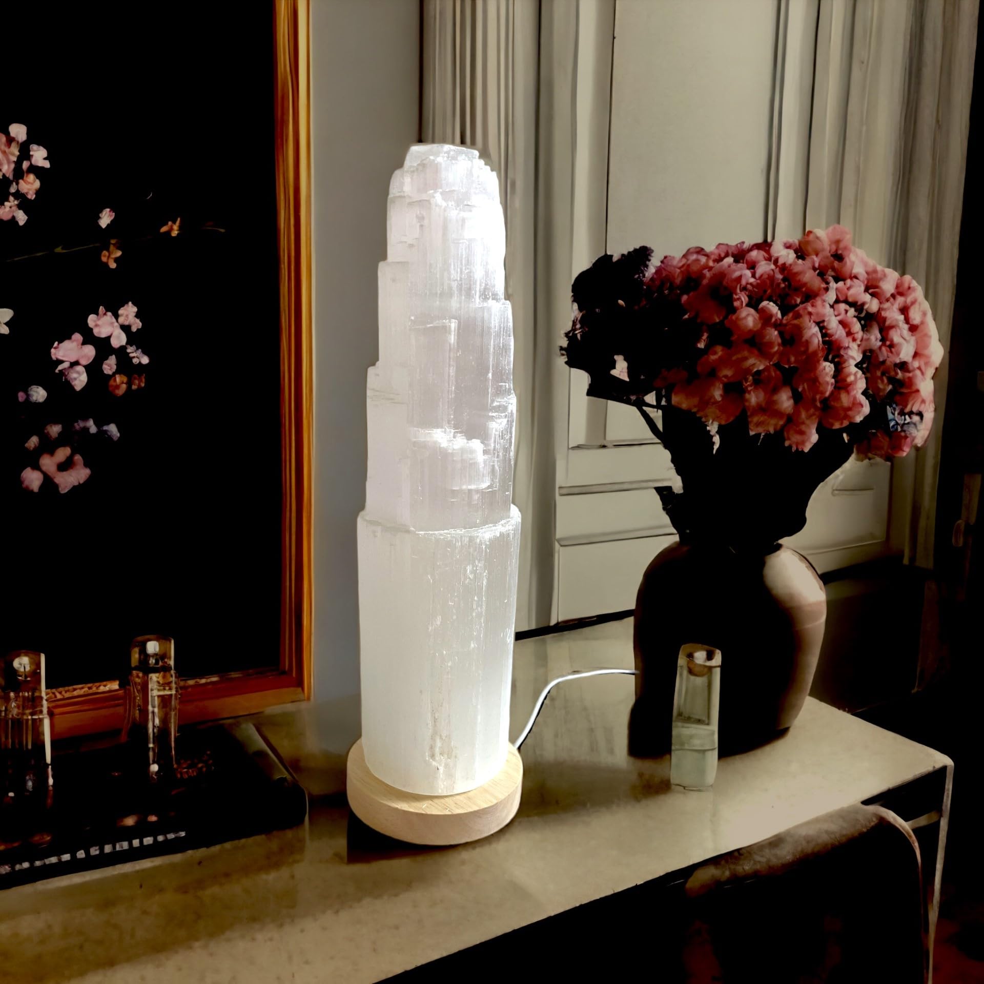 4All Selenite Crystal White Light LED USB Lamp Handmade Mountain Tower Lamp Spiritual Energy and Healing Meditation Home Decoration Gifts Table Lamp Mineral Wooden Base (20cm)