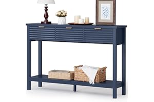 LEYAOYAO Fluted 47.2" Console Table with 3 Drawers, Modern Wood 2 Tier Entryway Table with Open Storage Shelf, Sofa Entry Tables Behind Couch for Living Room, Hallway, Entrance Foyer, Dark Navy Blue