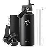 BUZIO Stainless Steel Water Bottle (Cold for 48 Hrs, Hot for 24 Hrs), 32 oz Vacuum Insulated Water Bottle with Straw Lid and Flex Cap (Double Wall, Wide Mouth, BPA Free, Leak Proof), Black