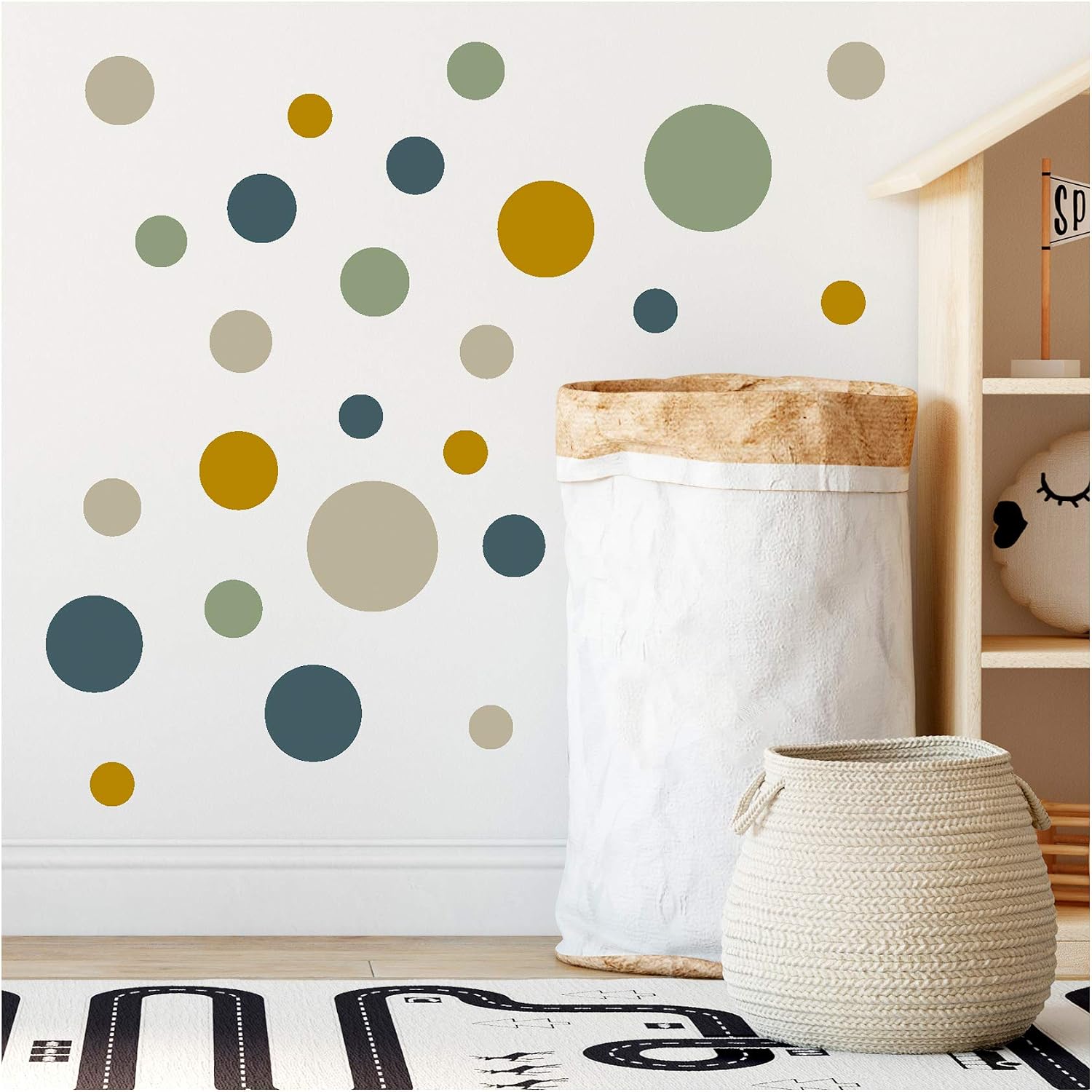 yabaduu 100 Adhesive Dots Circles Dots Wall Sticker Children's Room Bedroom Baby Room Sticker Film Decoration Self-Adhesive for Boys Girls Pastel (Y035-3 Blue-Green-Mustard-Beige)