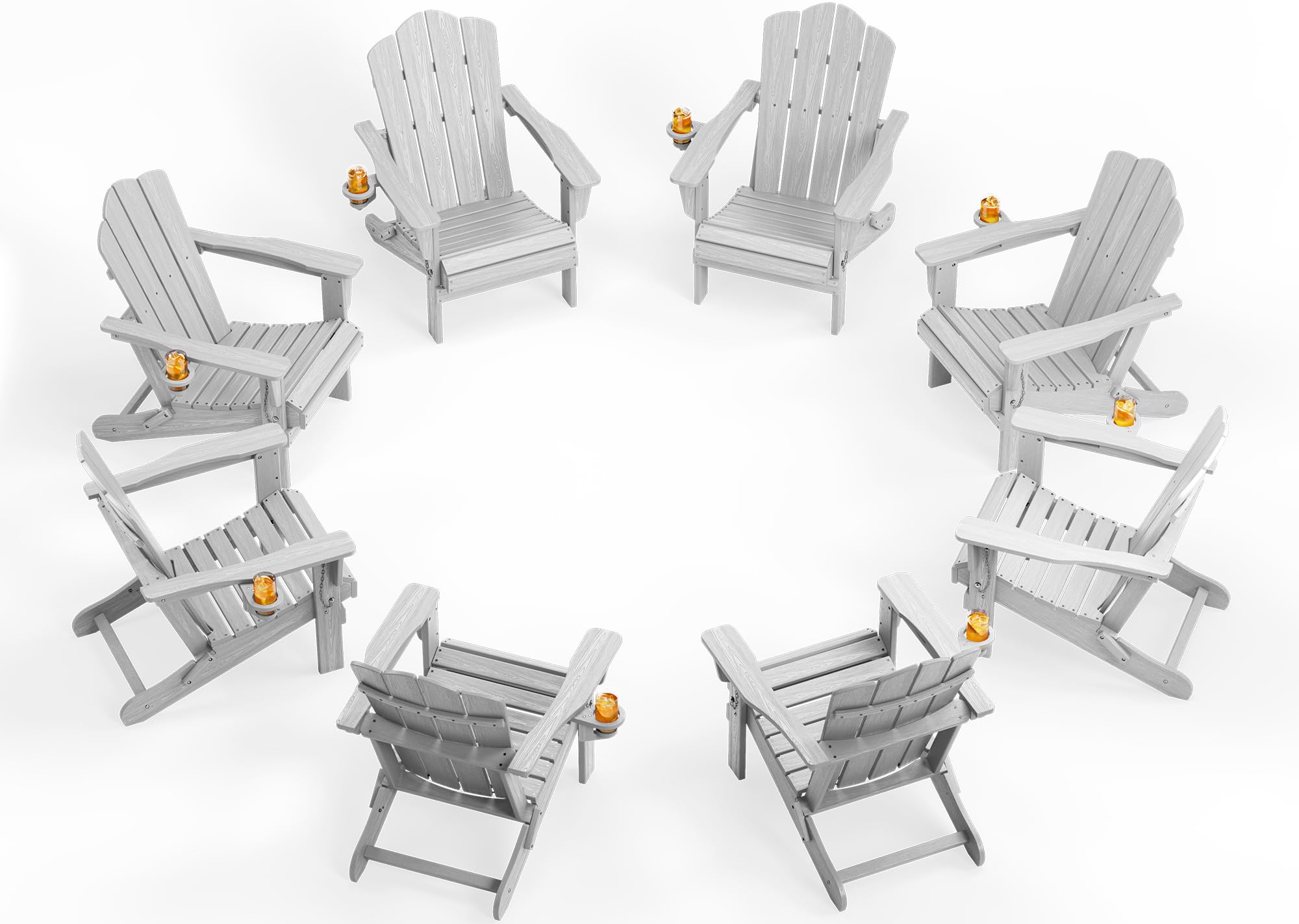 KINGYES Folding Adirondack Chair Set of 8, HDPE All-Weather Patio Chairs with Cup Holder, Wooden Textured Fire Pit Chairs for Poolside, Backyard, Deck, Silver Grey Image