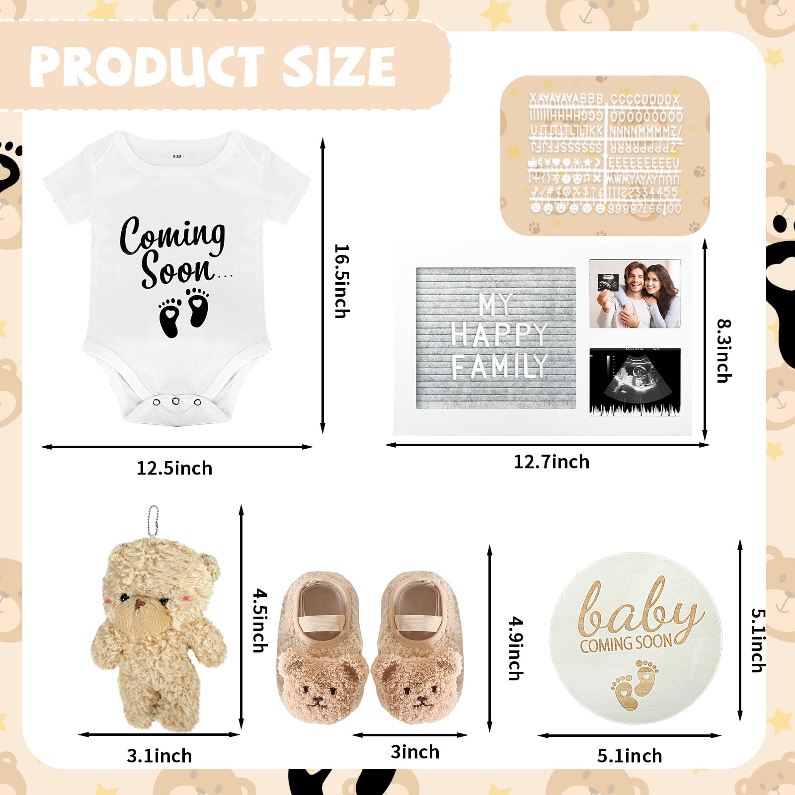 Pregnancy Reveal Kit - Felt Letter Board, Baby Bodysuit, Booties, Photo Frame, Bear Plush, Wood Blocks for Baby Announcement
