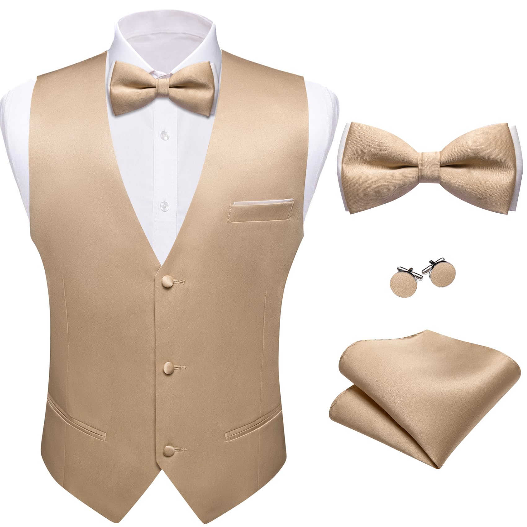 Barry.Wang Mens Champagne Suit Vest Bow Tie Set