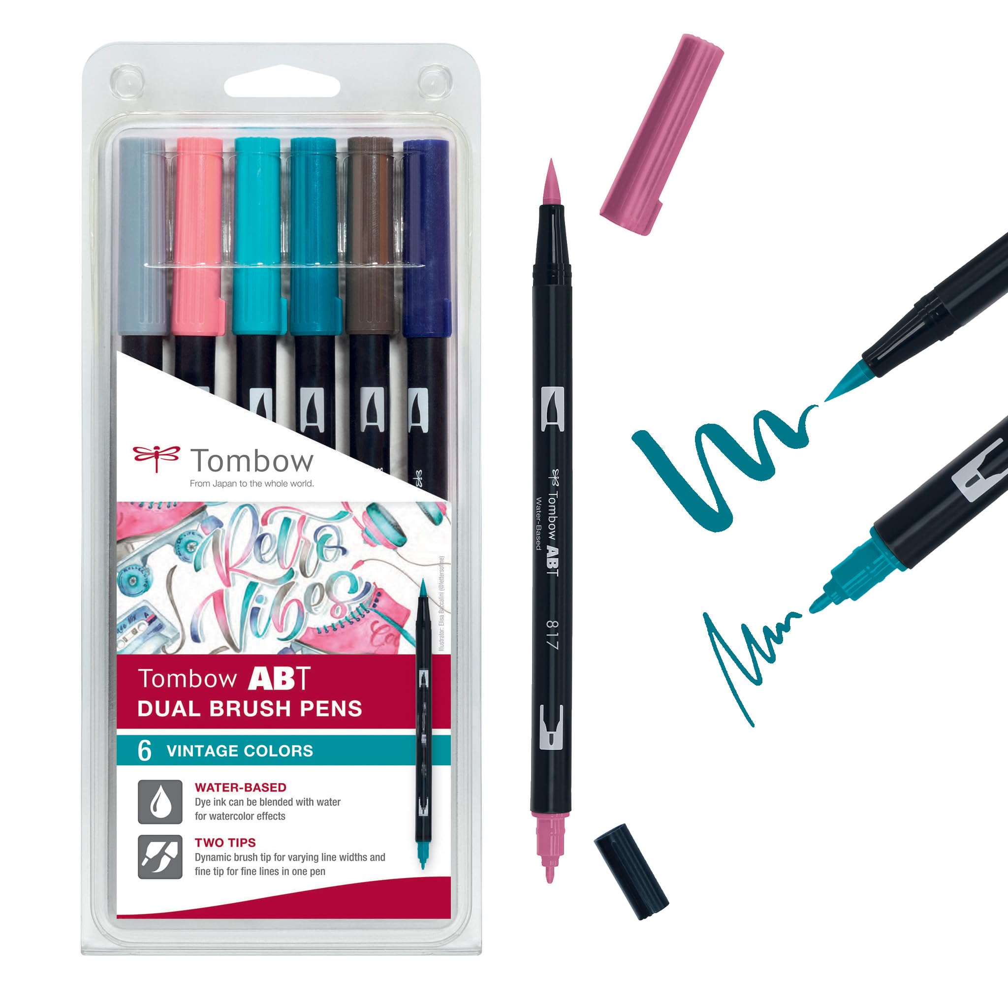 Tombow ABT-6P-5 ABT Dual Brush Pen Two Point Vintage Colors 6 Pieces, Colorful