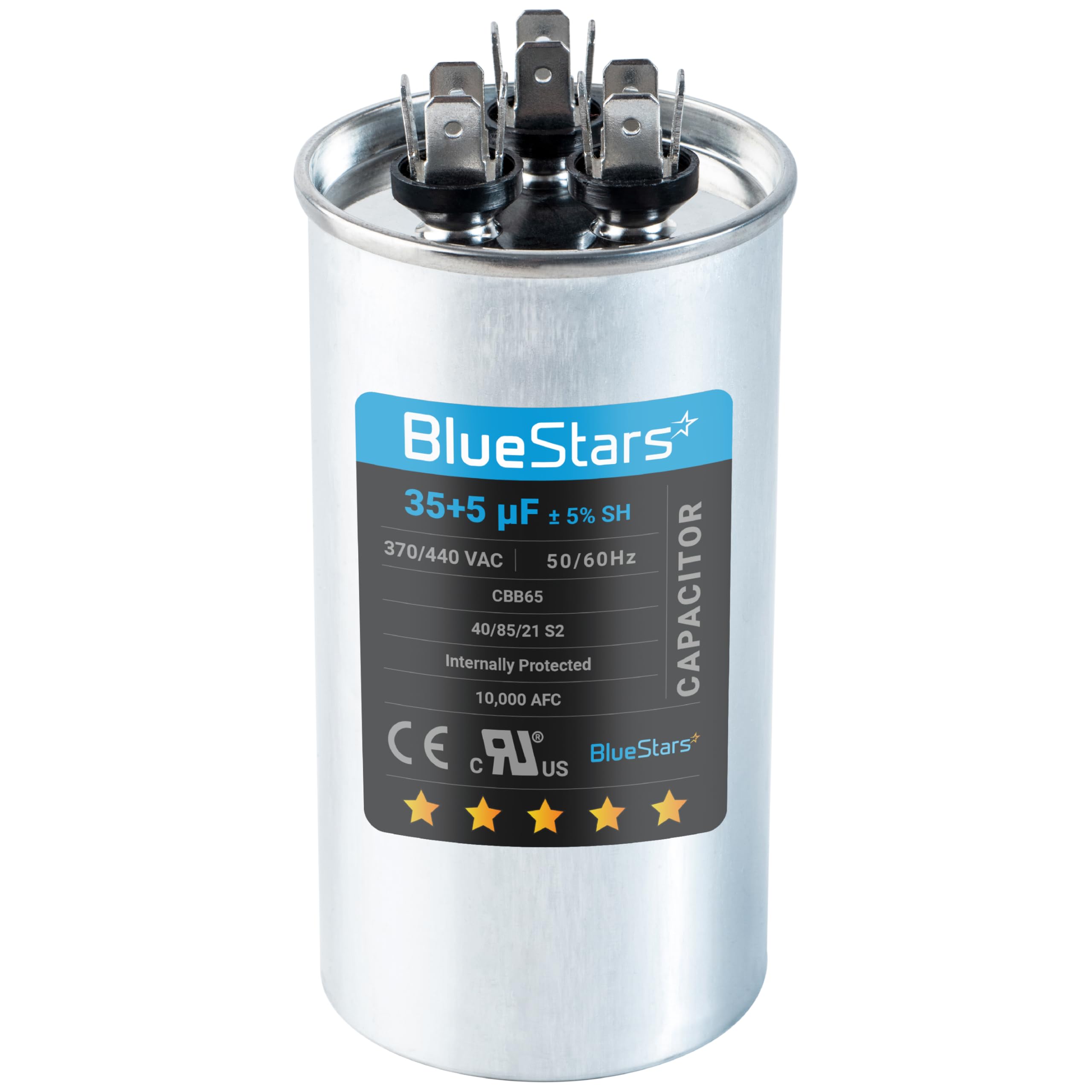 Photo 1 of [UL Certified] BlueStars 35+5 uF 35/5 MFD 370-440VAC Dual Run Round Air Conditioner Capacitor - Fits AC Unit Fan Motor Start or Heat Pump or Condenser Straight Cool - Replaces 97F9834 Z97F9834
