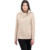 SAOL 100% Merino Wool Aran Fisherman Celtic Half Zipper Neck Sweater for Ladies