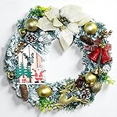 16 Inch Christmas Wreath with Lights,Large Red Bow and Colored Ballswith Battery Box,Warm White 30 LEDs Lights, Front Door Spruce Lighted Wreath,Suitable for Christmas Holiday Decorations(White)