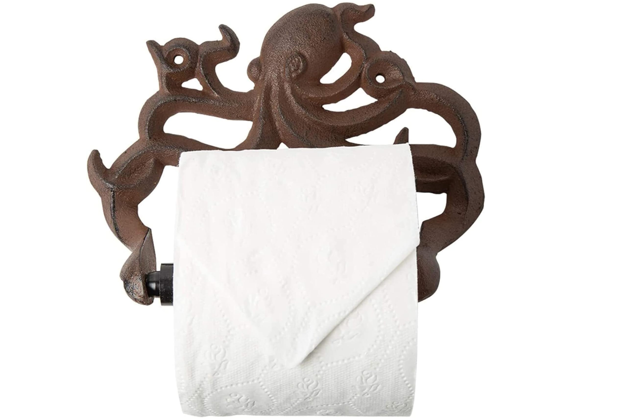 Decorative Cast Iron Octopus Toilet Paper Roll Holder – Wall Mounted Octopus Décor for Bathroom – Kraken, Nautical Bathroom Accessories – Easy to Install with included Screws and Anchors - Rust Brown