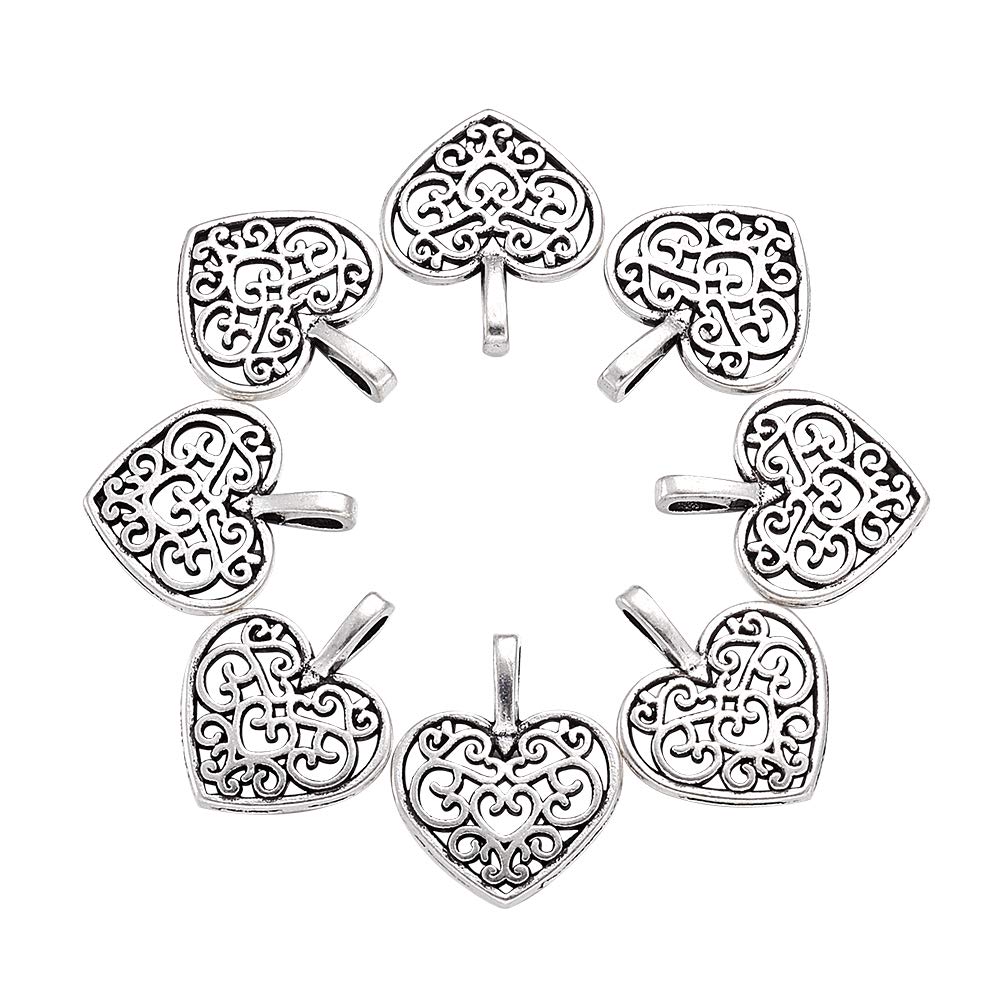 Craftdady 20Pcs Antique Silver Filigree Hollow Heart Pendants Tibetan Metal Dangle Love Heart Charms 18x15mm for Jewelry Making Hole: 2x4mm