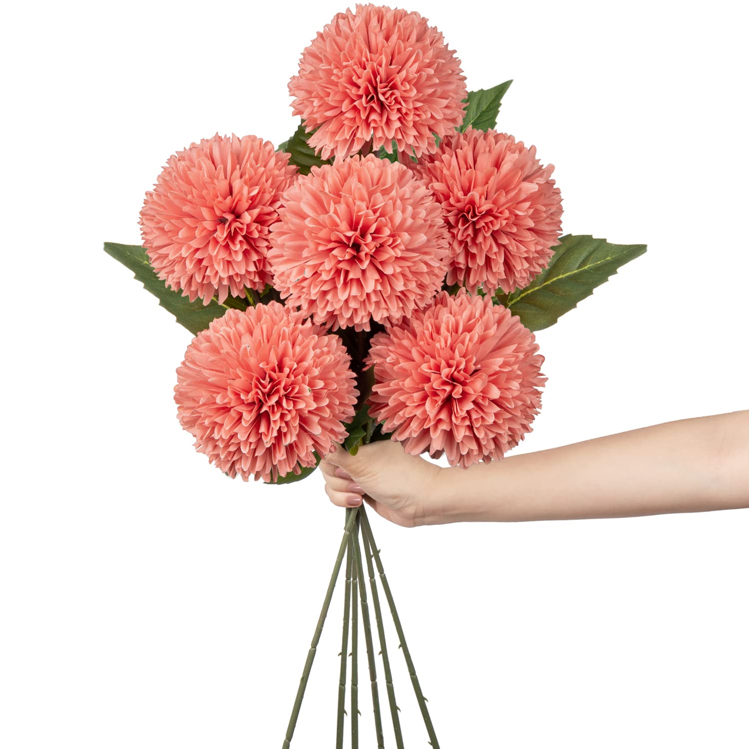 Hollyone 4'' Large Artificial Chrysanthemum Flowers with 24.7'' Long Stem, 6 pcs Pink Fake Silk Flowers Faux Ball Flower for Home Decor, Bridal, Wedding, Party, Garden, Floral Arrangement
