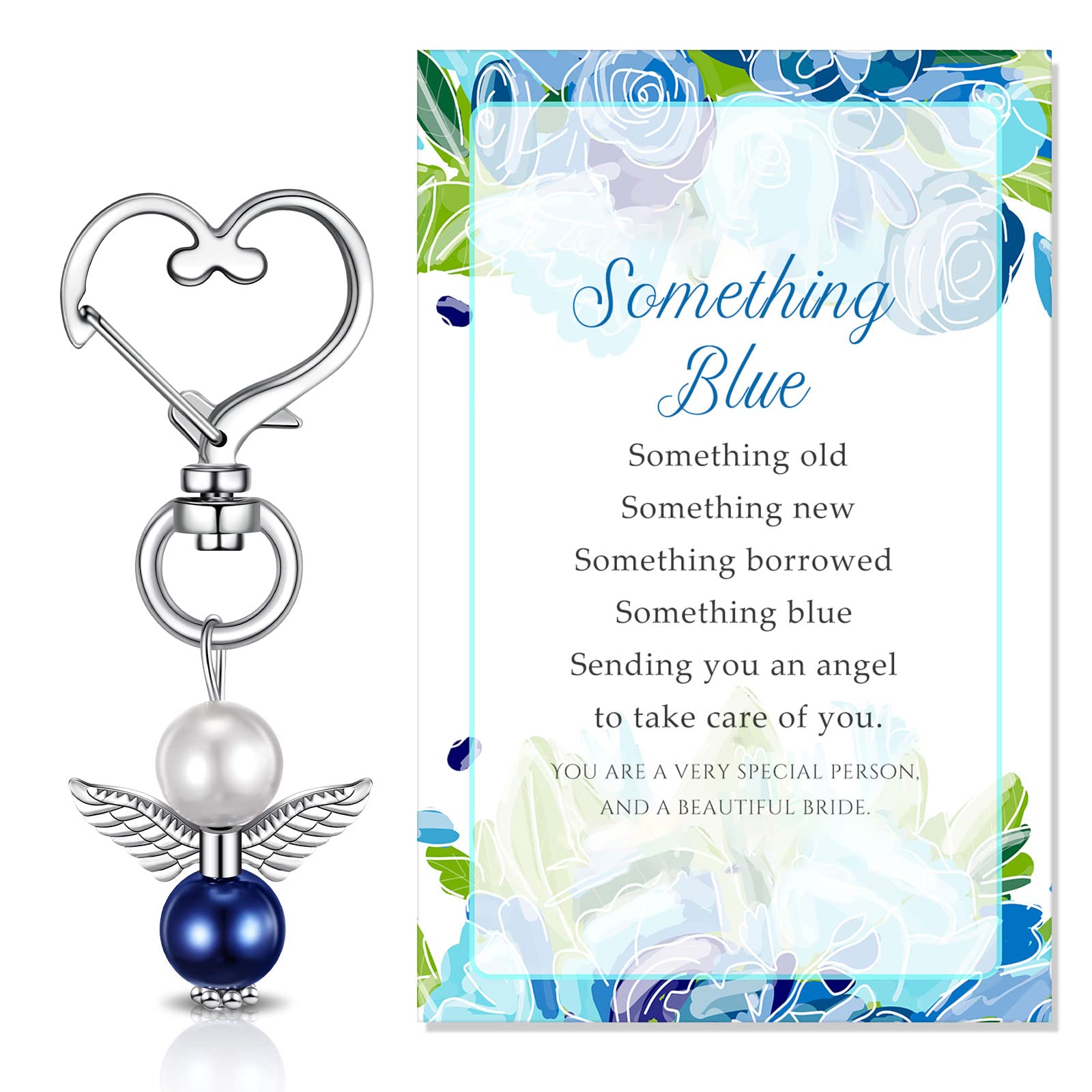 Herdear 1 Set Something Blue for The Bride Charm Blue Pearl Angel for The Bride Charm Wedding Party Keychain Gift Card Party Favours for Marriage Celebration Shower Holy Communion