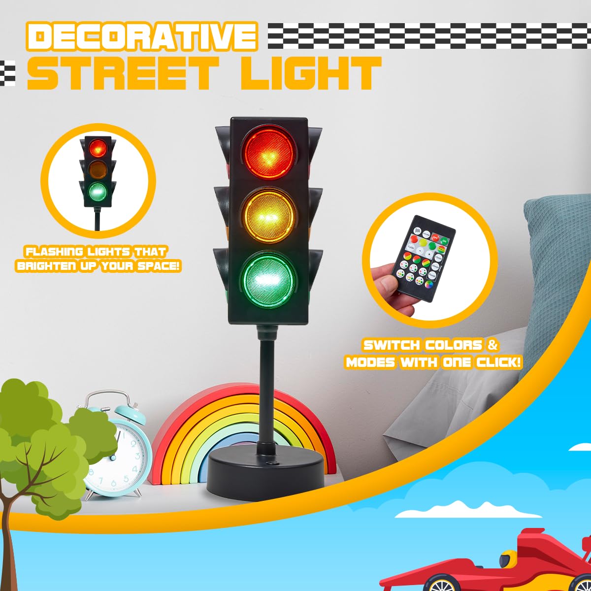 Playbees Mini Traffic Light Lamp with Base 11 inches Vibrant Decoration Working with Batteries or USB-C Traffic Light Blinking Modes Decoration for Bedrooms Stop Sign Room Decor