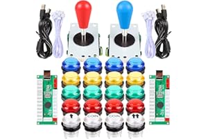 Fosiya LED Arcade Joystick Buttons Kit Ellipse Oval Style 8 Ways Joystick + 20 x LED Arcade Buttons for 2 Player Video Games Standard Controllers All Windows PC MAME Raspberry Pi (Mix Colors Kits)