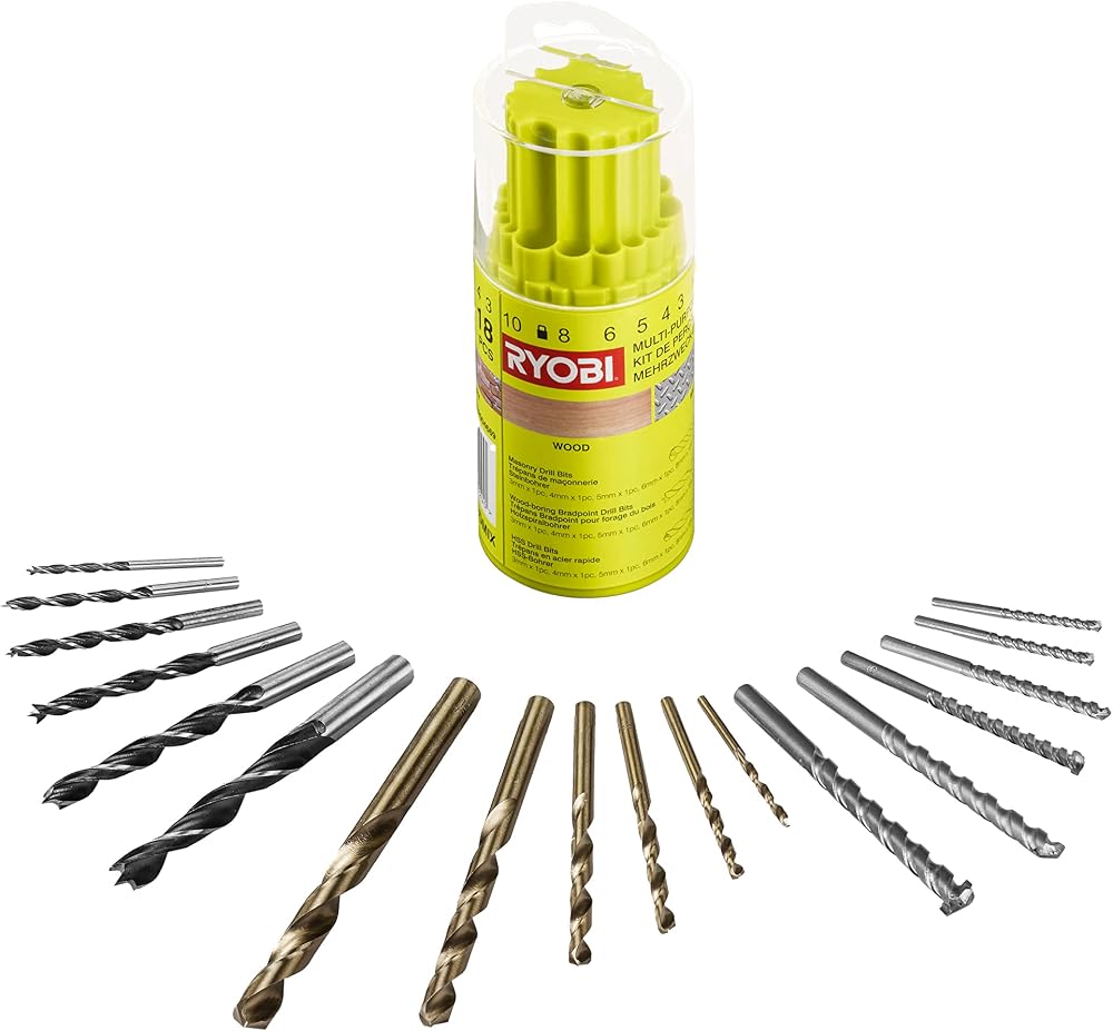 Ryobi RAK18DMIX Mixed Drill Bit Set 18 Piece HSS Masonry Brad Point