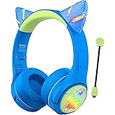 Riwbox CF9 Kids Bluetooth Headphones Cat Ear with LED Light Up,Safe 85dB Volume Limit,Built-in Mic&Boom Mic for Calls,Kids Wireless&Wired Headphones for Tablet/Airplane/School/Online Learning