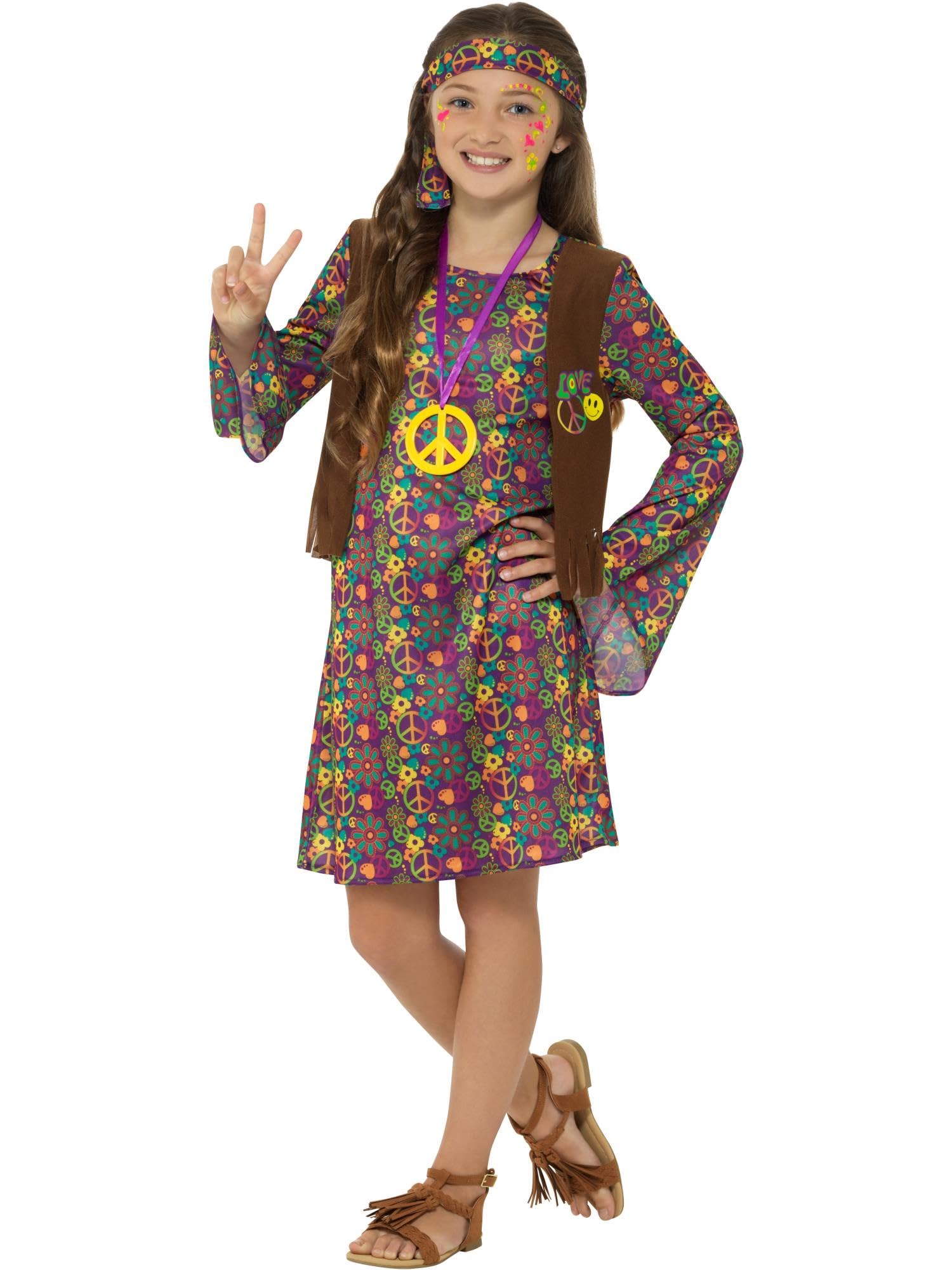 Smiffys Hippie Girl Costume, with Dress, Multi-Coloured Attached Waistcoat, Headband & Medallion, Girls Fancy Dress, Child Dress Up Costumes