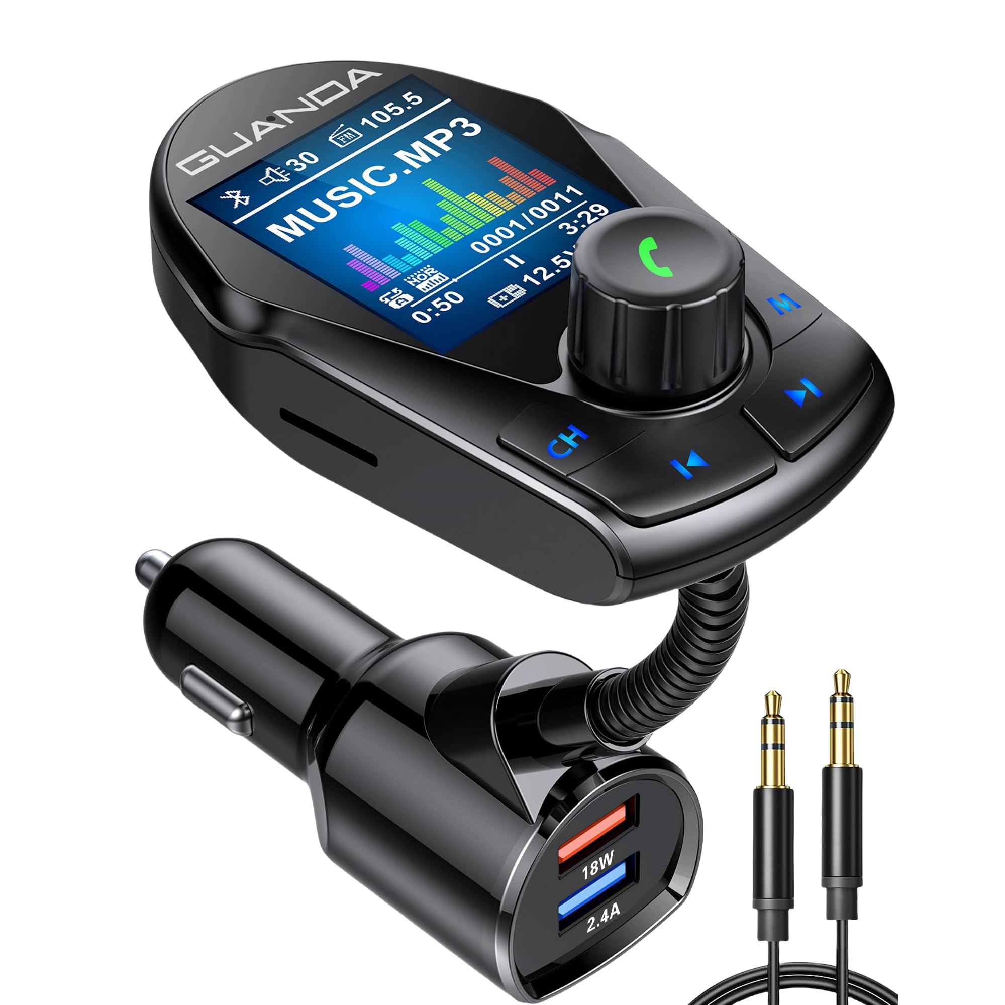 Photo 1 of Bluetooth FM Transmitter (Upgraded Version) in-Car Wireless Radio Adapter Kit W 1.8" Color Display Hands-Free Call Fast Charging 18W and Smart 2.4A Dual USB Ports, TF Card MP3 Player