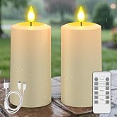 SoulBay USB-C Rechargeable Flameless LED Candles (2-Pack) - IP64 Waterproof Outdoor Flickering Pillar Candles with Remote, Dimmable, Timer - Ideal for Patio, Weddings, Room &amp; Home Decor (2.75"x5.1")