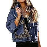 Nvziyichu Women's Cotton Blend Denim Leopard Print Panelled Jacket