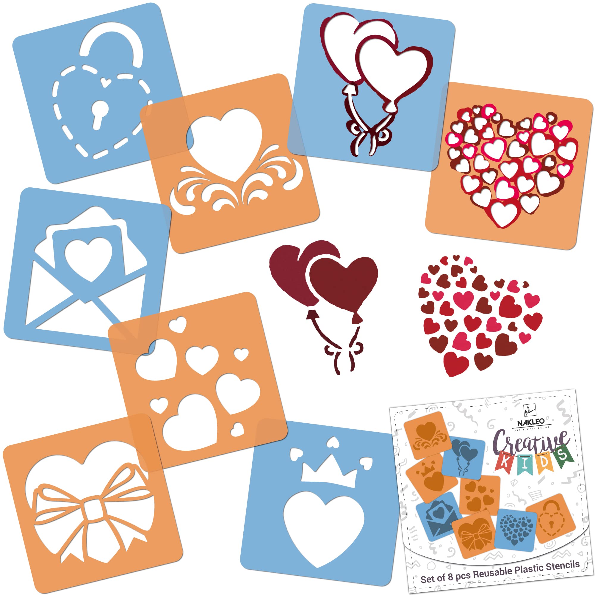 NAKLEO Painting Stencils for Kids, 8 Pcs Set 15x15cm Love Hearts, Children Creative Drawing Templates Plastic and Reusable, DIY Decoration Arts and Crafts, Paper Wall Wood Fabric