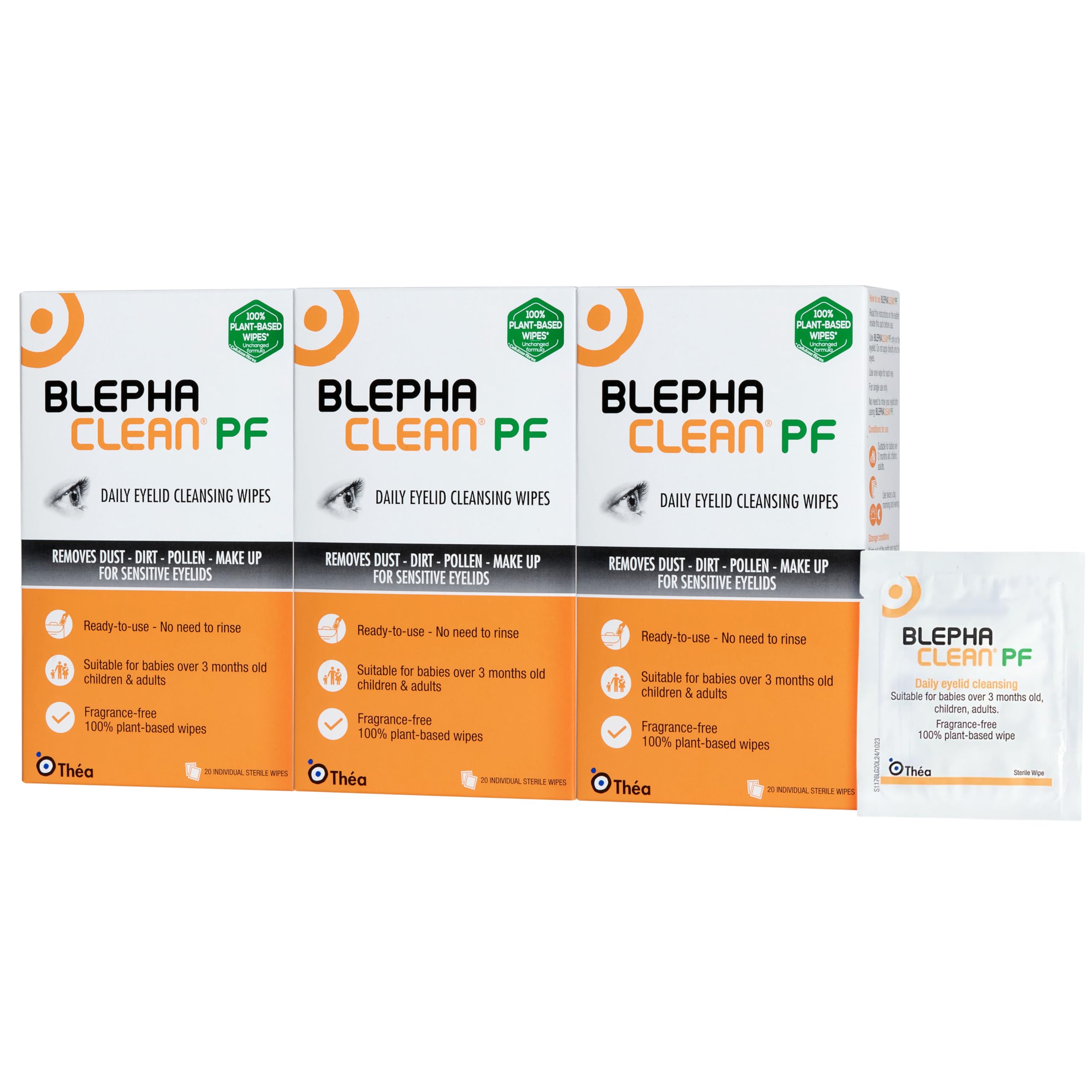 Blephaclean PF Daily Eyelid Wipes x 60 - Gentle Cleansing for the eyelids and skin around the eyes | Suitable for Babies (over 3 months old) children & adults | 20 Sterile Plastic-Free Wipes x 3 packs