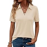 ZHENWEI Women's Short Sleeve V-Neck Polo Shirts Business Casual Work Collared Tops Dressy Johnny Collar Cute Blouses
