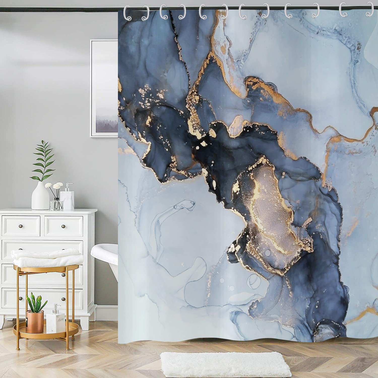 ASDCXZ Marble Shower Curtain 180x180 cm, Waterproof Fabric Shower Curtains, Modern Abstract Blue Gold Marble Optic Texture Outdoor Washable Polyester Bathroom Curtain with 12 Hooks