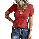 HERILIOS Women Casual Short Sleeve Tunic Tops V-Neck T Shirts Criss Cross Ribbed Slim Fitted Blouse