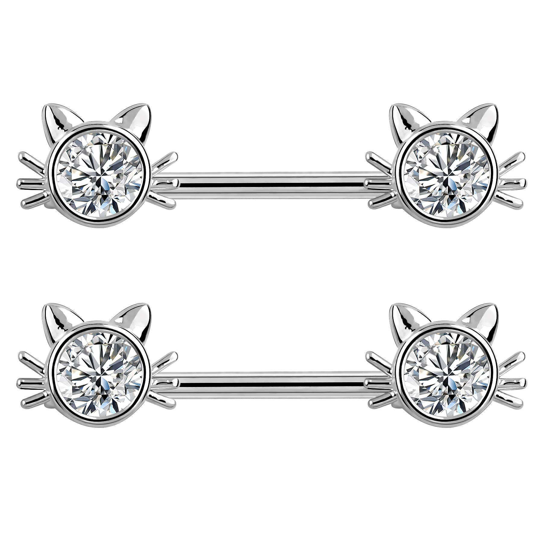 Melighting Nipple Bar Cute Cat Nipple Piercing Bar Clear CZ Nipple Piercings 14G 316L Stainless Steel Nipple Rings Piercings Nipple Barbell Piercing