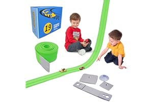 MIMENG UOMO 18Ft Flexible Race Track for Kids, with Three Types of Hooks,Monster Blue Truck Ramp with Suction Cups - Rolls Up Portable DIY Racetrack Compatible with Diecast 1/64th Cars Model