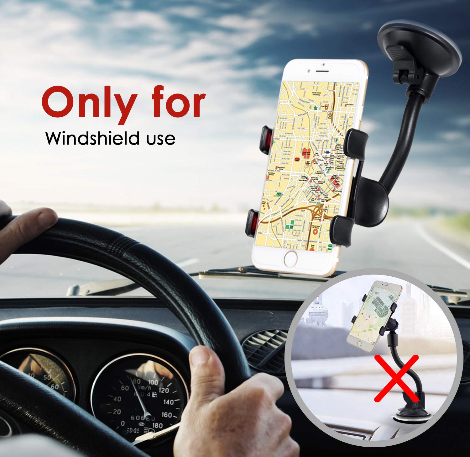 ivoler Car Phone Mount Windshield, Long Arm Clamp Universal Windshield with Double Clip Strong Suction Cup Cell Phone Holder Compatible with iPhone 15 14 13 Pro Max XS 7 8 Plus, Galaxy S24 S23 Ultra