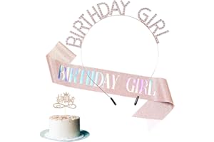 Docooniver Rose Gold Birthday Headband for Women and Girl,Sash and Crown,Gift for Her,Cake Topper,Accessories for Birthday Decorations.