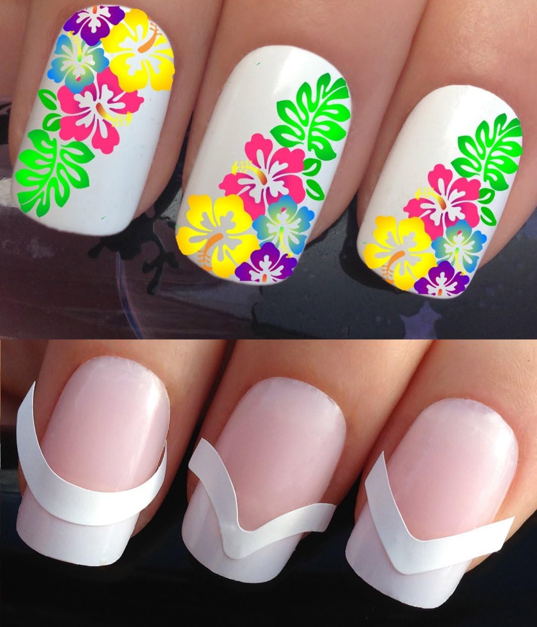 WATER NAIL TRANSFERS DECALS STICKERS ART SET #704 & 172. **plus x48 nail tip guides!!** x16 HAWAIIAN TROPICAL PRINT FLOWERS TATTOO WRAPS & x48 FRENCH MANICURE TIP GUIDES! CAN BE USED WITH NATURAL GEL ACRYLIC STICK ON NAILS! OR WITH GLITTER DUST CAVIAR BEADS ALLOYS DECORATIONS CONFETTI FIMO SHAPES TAPE PENS RHINESTONES!