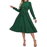 RuoRayVan Women's 2026 Spring Dresses Long Puff Sleeve Crew Neck A Line Elastic Wasit Embroidery Formal Casual Midi Dress