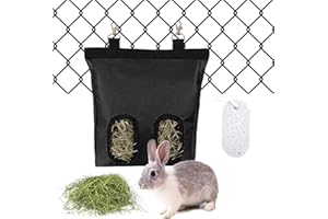 YOLAGGOY Small Animal Hay Feeder, 2 Holes Hanging Rabbit Hay Feeder Bag for Rabbit Small Animal Chinchilla with 1 Grind Teeth Stone,Small Animals Automatic Feeders (Black)