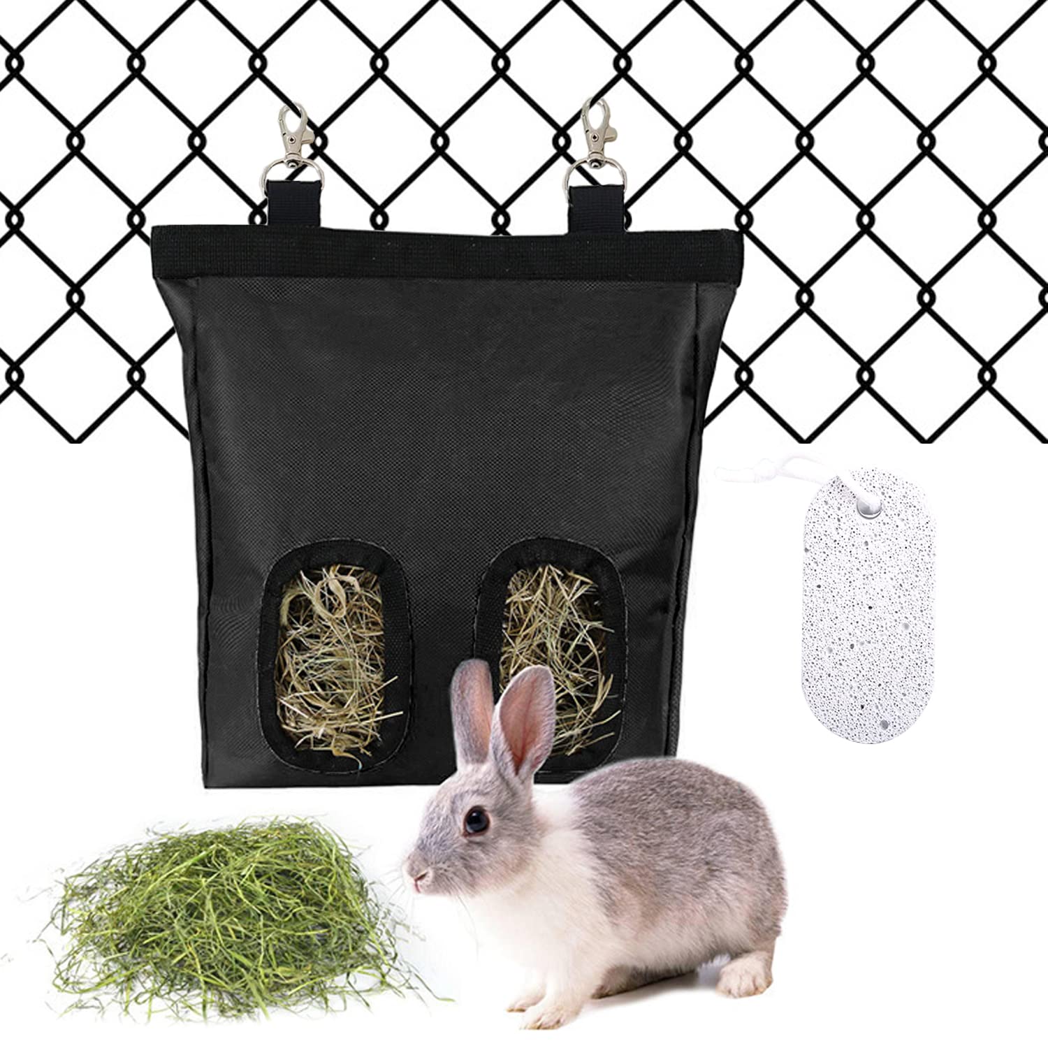 YOLAGGOY Guinea Pig Hay Feeder, 2 Holes Hanging Rabbit Hay Feeder Bag for Small Animals with 1 Grind Teeth Stone, Black