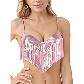 Women Sequins Tassel Bra Glitter Fringe Festival Backless Chain Bra Sparkly Halter Crop Wrap Tops for Carnival Rave Clothes