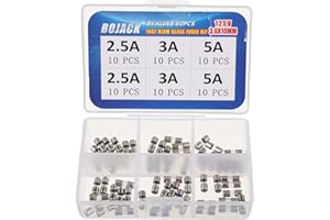 BOJACK 125V Fast-Blow Glass Fuse Assortment Kit, 3.6x10mm, 60pcs (2.5A, 3A, 5A), Surface Mount, BOJACK-BJ-6V60P-125V