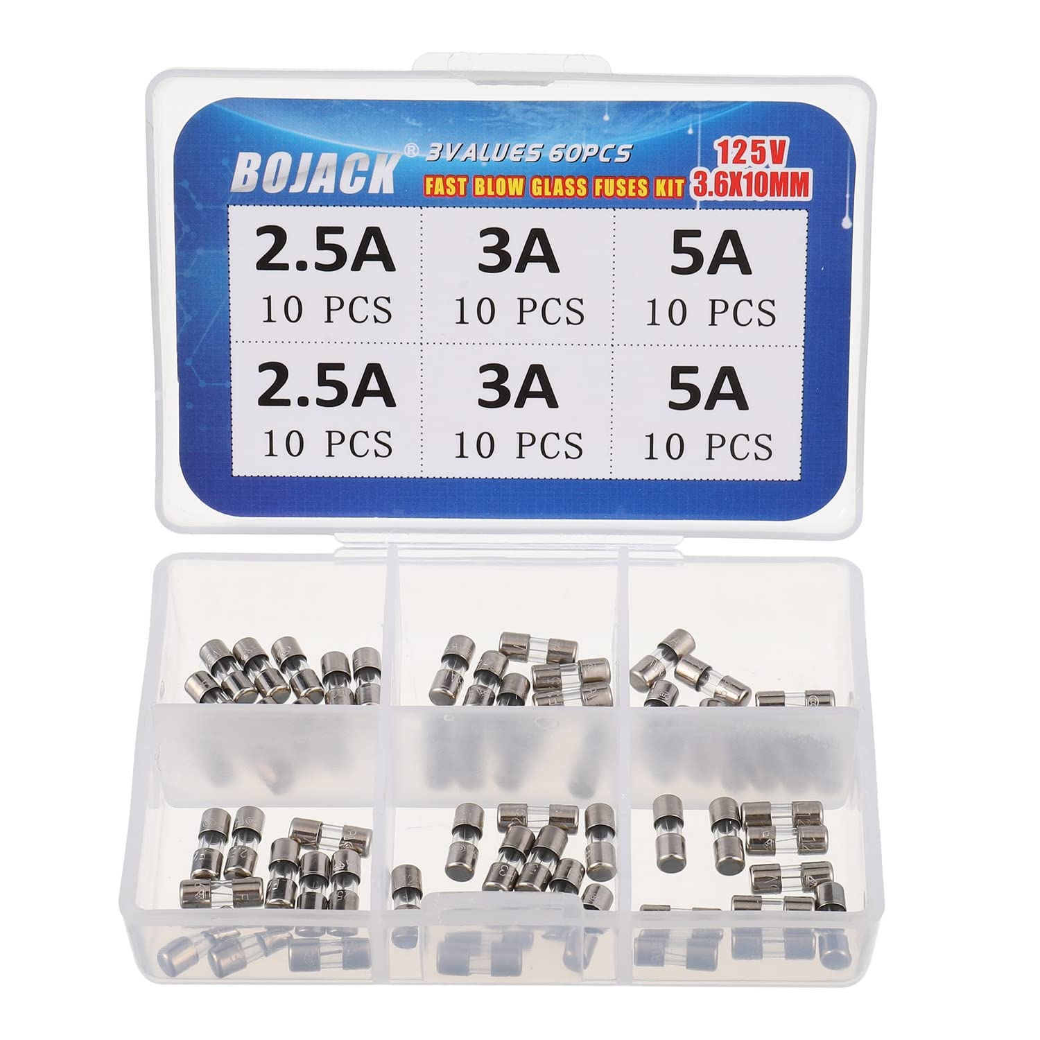 Photo 1 of BOJACK Christmas Light Fuses Fast-Blow Glass Fuses Assortment Kit 3.6x10mm Mini Fuse 125V 2.5 3 5A amp Fuses packag in a Clear Plastic Box