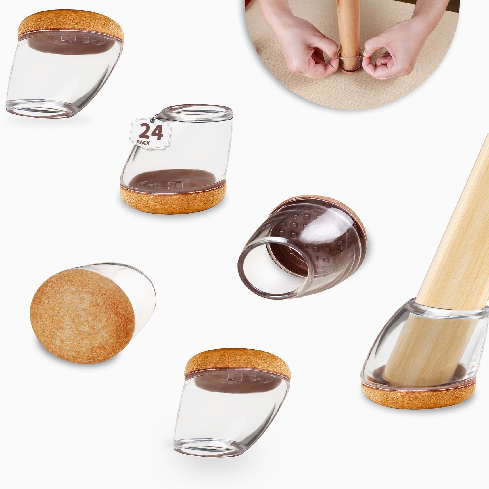 Photo 1 of 24 PCS Small Slanted Chair Leg Floor Protectors for Hardwood Floors, Round Silicone Caps with Felt Pads, Chair Leg Covers to Protect Floors from Scratches and Reduce Noise(Clear, Fit 0.5"-0.8")
