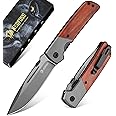 NedFoss DA52 Pocket Knife for Men, 3.5" Compact EDC Knife, Lightweight Camping Folding Knife with Clip, Rosewood Handle with Aluminium Bolster, Liner Lock