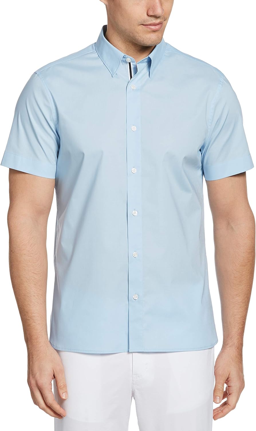 Perry Ellis Men's Untucked Stretch Solid Poplin Short Sleeve Button