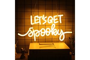 CKTBLEY Let's Get Spooky Neon Signs Halloween Neon Sign Yellow Letter LED Neon Light Signs Spooky Neon Wall Sign Quote LED Sign Neon Lights for Wall Bedroom Bar Man Cave Party Halloween Room Decor