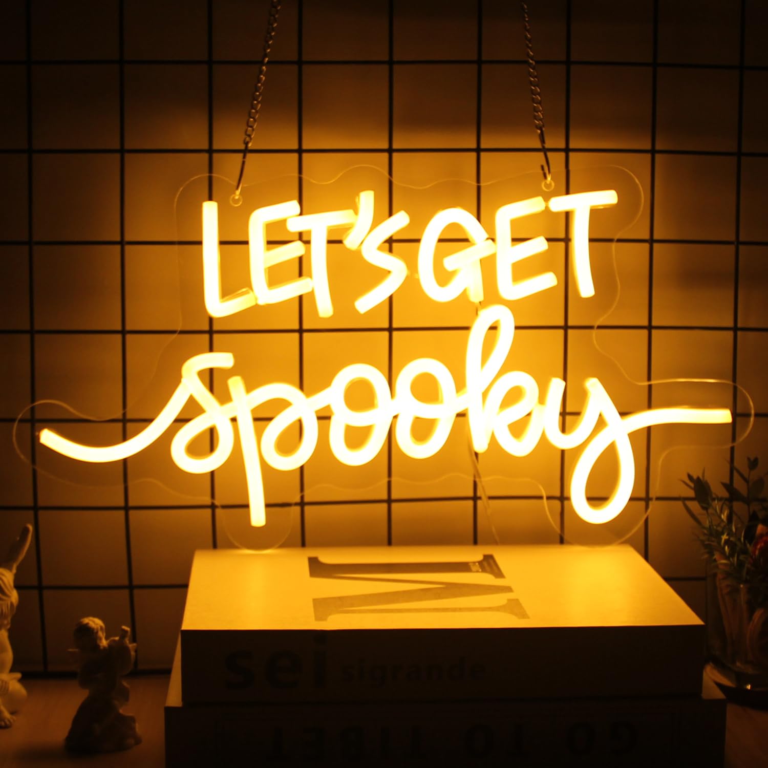 Photo 1 of Let's Get Spooky Neon Signs Halloween Neon Sign Yellow Letter LED Neon Light Signs Spooky Neon Wall Sign Quote LED Sign Neon Lights for Wall Bedroom Bar Man Cave Party Halloween Room Decor