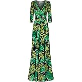 Bon Rosy Women's 3/4 Sleeve V-Neck Printed Maxi Faux Wrap Dress Black Green S