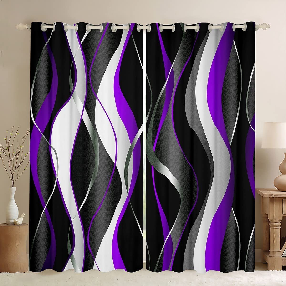 Loussiesd Purple Grey Black Curtains Geometric Spiral Pattern Window Drapes for Kids Boys Girls Abstract Blackout Curtain Modern Home Window Treatments W66*L90 — image 1
