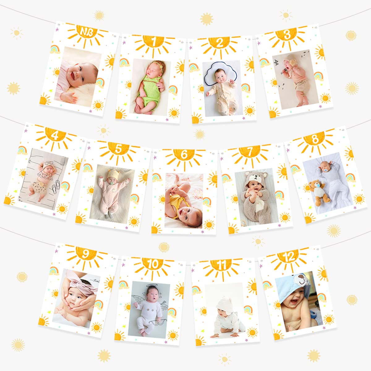 JOYMEMO 13PCs First Trip Around The Sun Photo Banner - Sun 1st Birthday Baby Photo Banner for Newborn to 12 Months, Sunshine 1st Birthday Party Decorations, Rainbow Birthday Decorations Boy Girl
