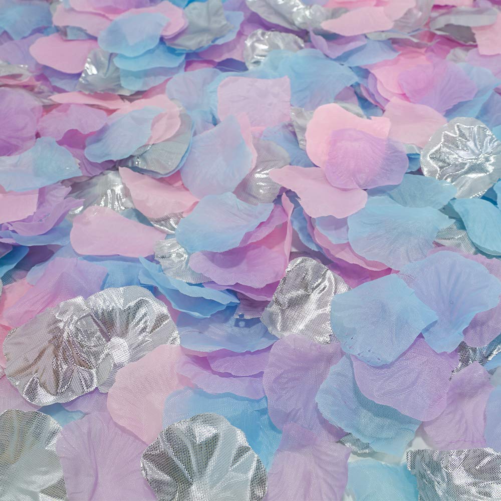Silk Flower Petals Mermaid Mix Artificial Rose Petals Wedding Confetti Party Decoration Scatter Floral 1200 Pieces (Light Pink, Lilac, Light Blue, Silver)
