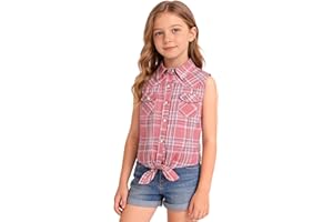 CHUANGLI Girls Sleeveless Button Down Shirt Girls Plaid Shirt Tie Knot Blouse Tank Tops for 5-12 Years Kids
