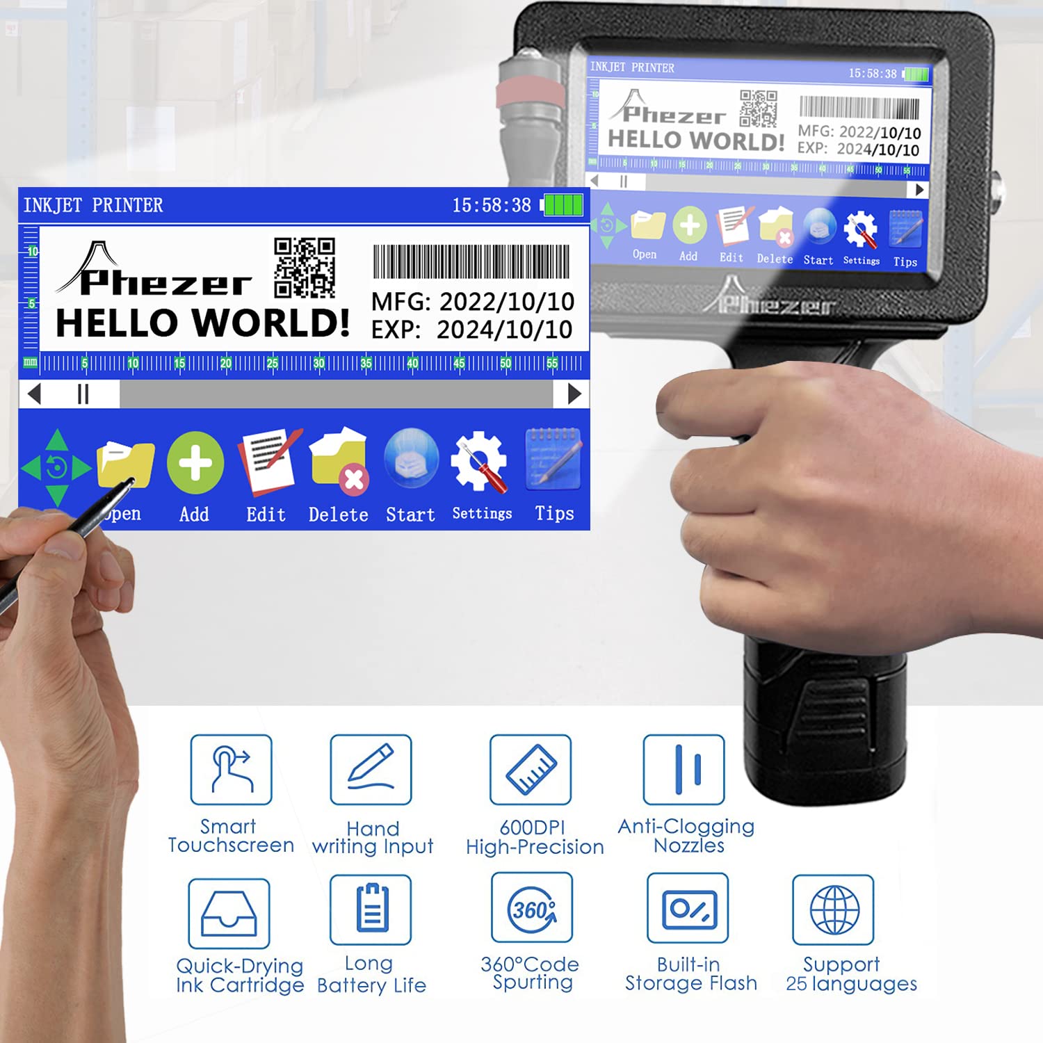 Phezer Portable P16-1 Handheld Inkjet Printer, Printing Height (0.08-1 Inch) with 4.3
